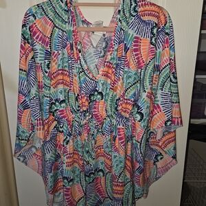 La Blanca Multicolor V-Neck Elastic-Waist Tunic/ Swim Cover